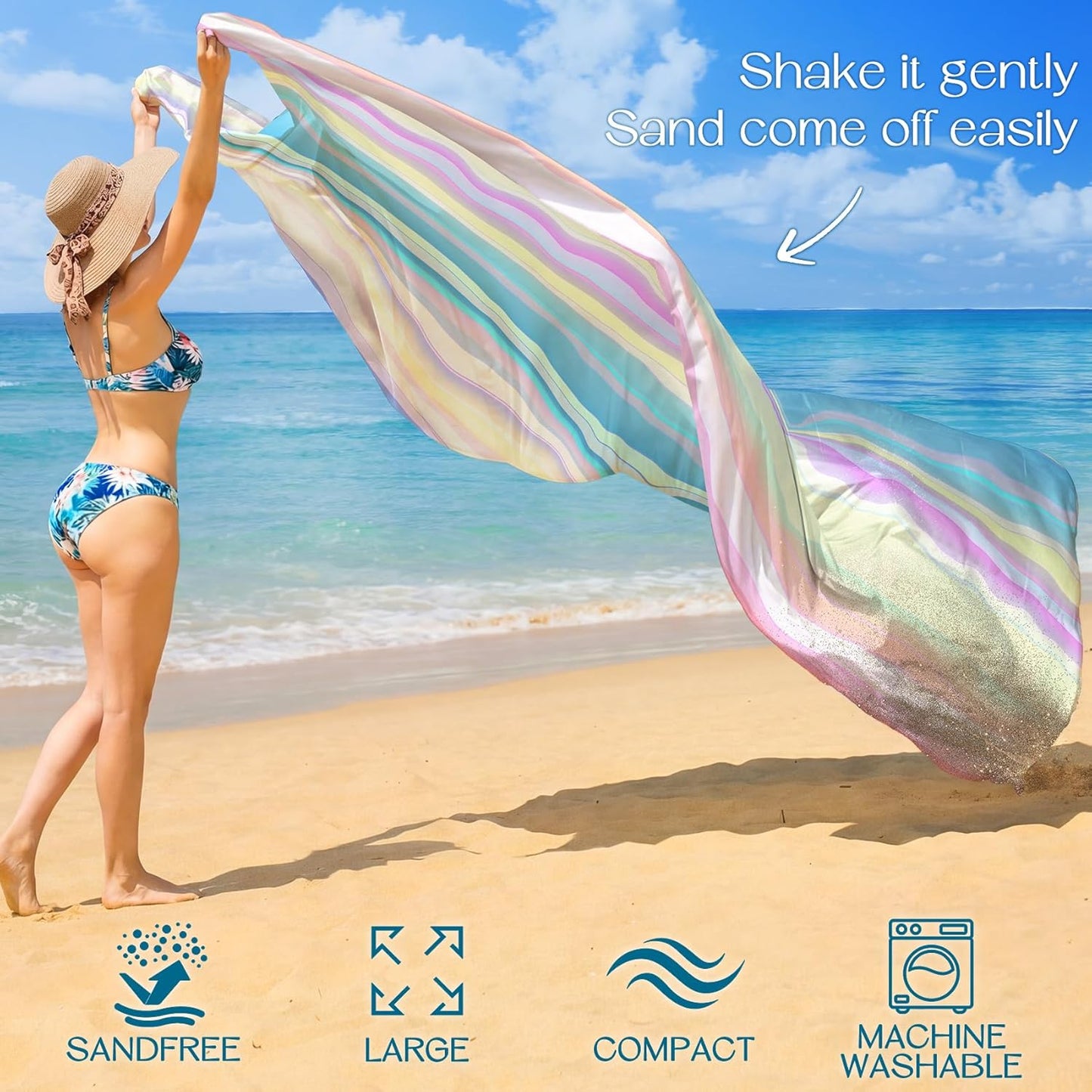 BYDOLL Beach Blanket Waterproof Sandproof Large Sand Free,78''X81''/10'X9' Oversized Sandless Lightweight Blanket Picnic Mat for Beach Travel Camping Hiking with Stakes