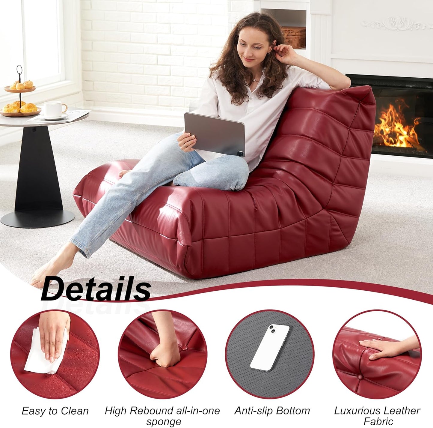 Hobestluk Giant Bean Bag Chair Lazy Floor Sofa, Memory Foam Fireside Sofa for Adults, Big Beanbag Faux Leather Armless Chair for Living Room Bedroom Dorm Office (Brown, Single)