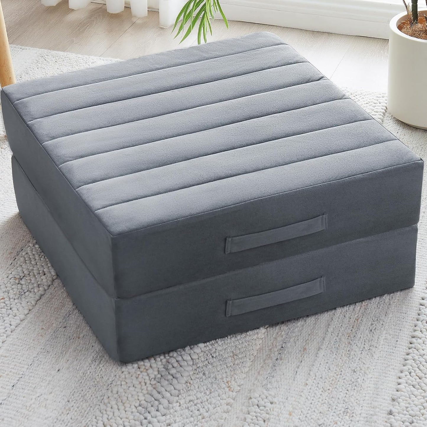JKMAX 2 Pcs High Density Foam Floor Pillow - Upgraded Large Pillows Seating for Adults - Outdoor Floor Cushion with Soft Tufted Cover - Yoga Pillows for Sitting On Floor - 22 Inch Light Gray