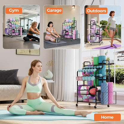 HavenlyYouth Dumbbell Rack, Home Gym Weight Rack Storage, Adjustable Dumbbell Stand Organizer with Wheels, Holds Dumbbells, Kettlebells, Yoga Mats