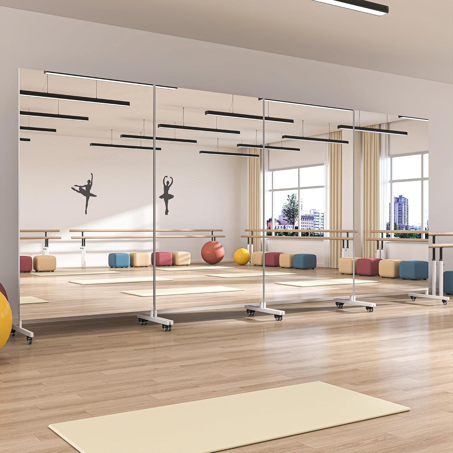 Hasipu Home Gym Mirror with Light 360° Swivel on Wheels, 79" x 32" Extra Large Full Length Rolling LED Mirror for Yoga Studio, Bedroom, Dancing Studio, White