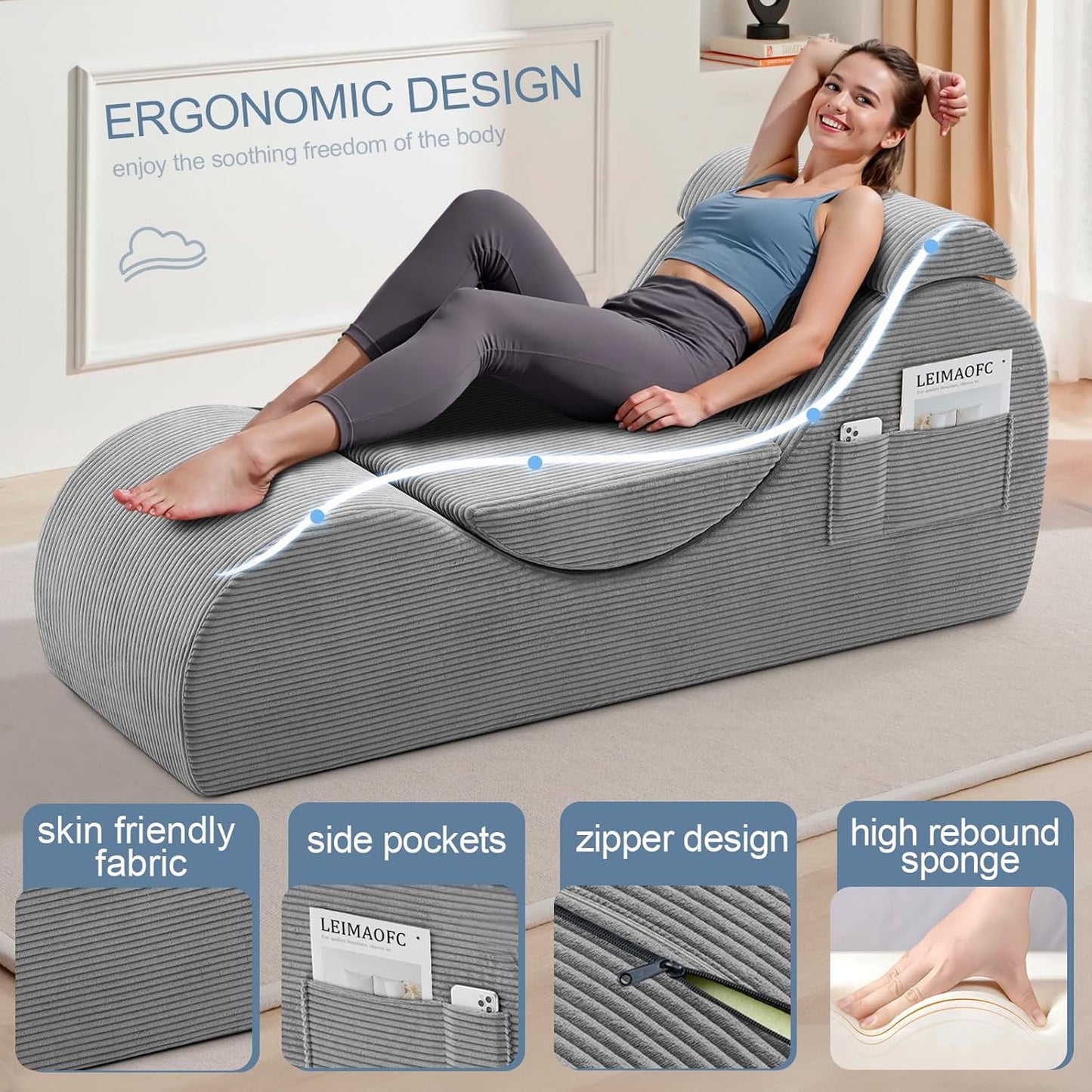 Yoga Chair Lounge for Adult, Ergonomic Chaise Lounge Chair with Side Pocket, Headrest, Waist Pad, Perfect for Stretching, Massage, and Relaxation, Used in Living Room, Bedroom（Black）