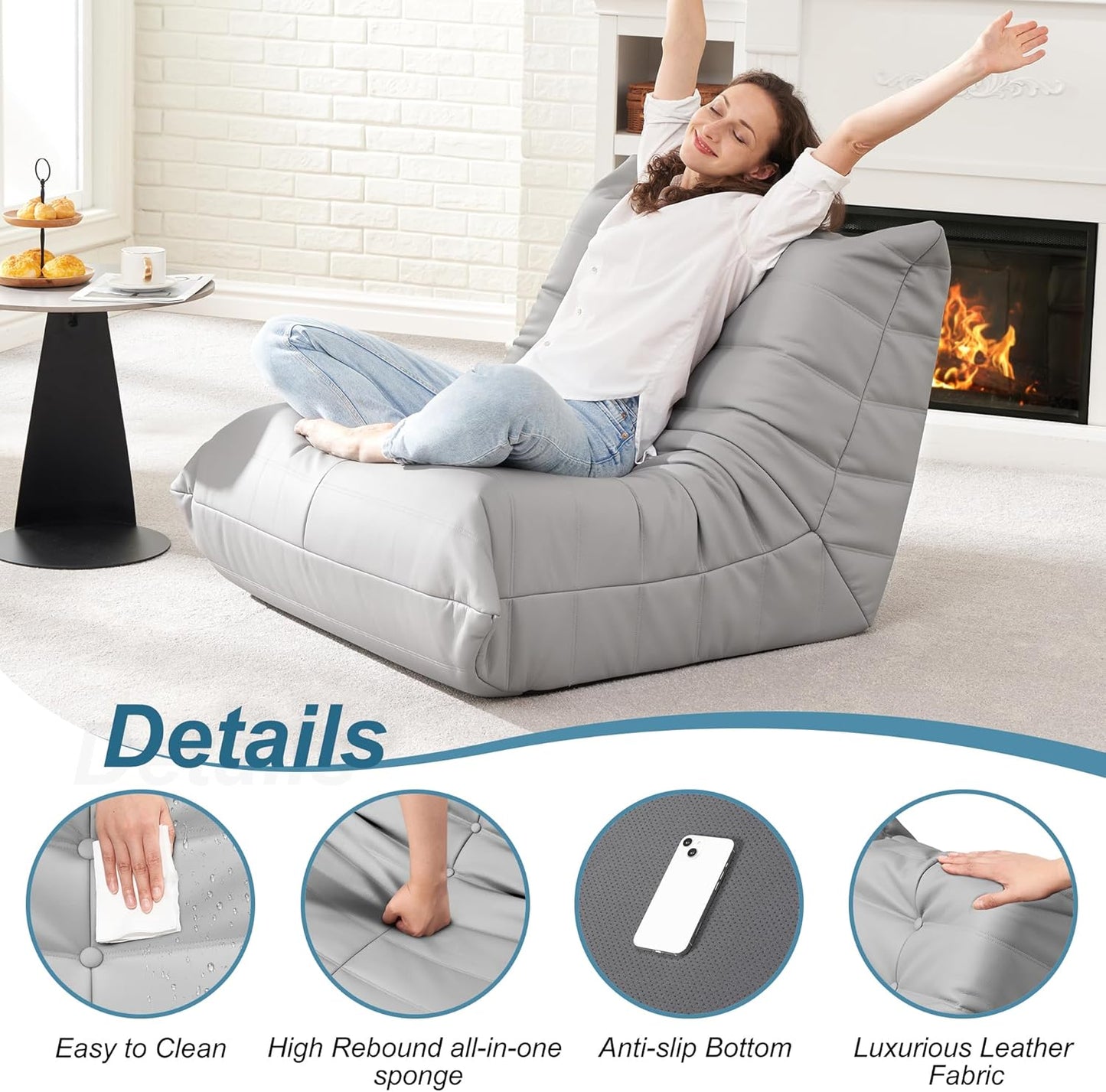 Hobestluk Giant Bean Bag Chair Lazy Floor Sofa, Memory Foam Fireside Sofa for Adults, Big Beanbag Faux Leather Armless Chair for Living Room Bedroom Dorm Office (Brown, Single)