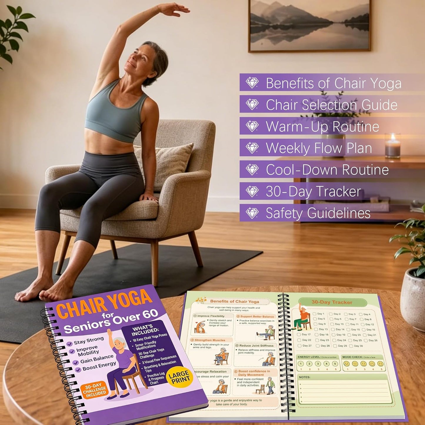 Chair Yoga for Seniors Over 60 Book & Chart – 30-Day Challenge, Gentle Seated Yoga Guide, Chair Yoga for Weight Loss & Flexibility, Senior Chair Exercises for Women & Men, 8.5x11" Book on Chair Yoga