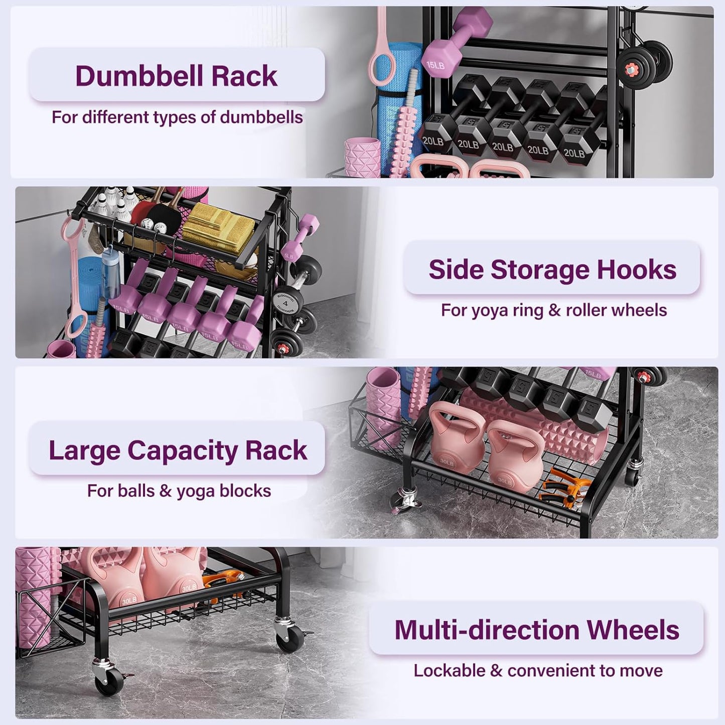 Dumbbell Rack, Weight Rack for Home Gym Storage Rack with Lockable Wheels & Hooks, Workout Equipment Storage for Yoga Mat Foam Roller Kettlebells Resistance Bands