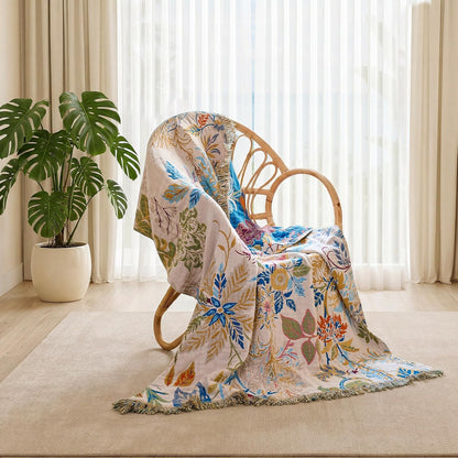Boho Throw Blanket - 100% Cotton Soft Summer Throw Blanket for Bed, 50"x60" Reversible Breathable Lightweight Blankets, All Seasons Farmhouse Decor Floral Plant Butterfly Throw Quilt