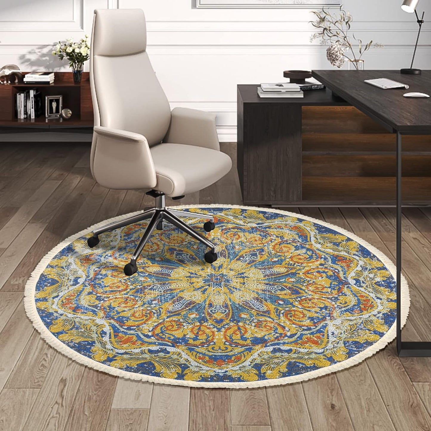Boho Rug 5Ft Round Bedroom Carpet Circle Nonslip Farmhouse Area Rug Rustic Mandala Floor Mat for Living Room Locker Room Tassel Yoga Throw Rugs Washable Doormat, Purple