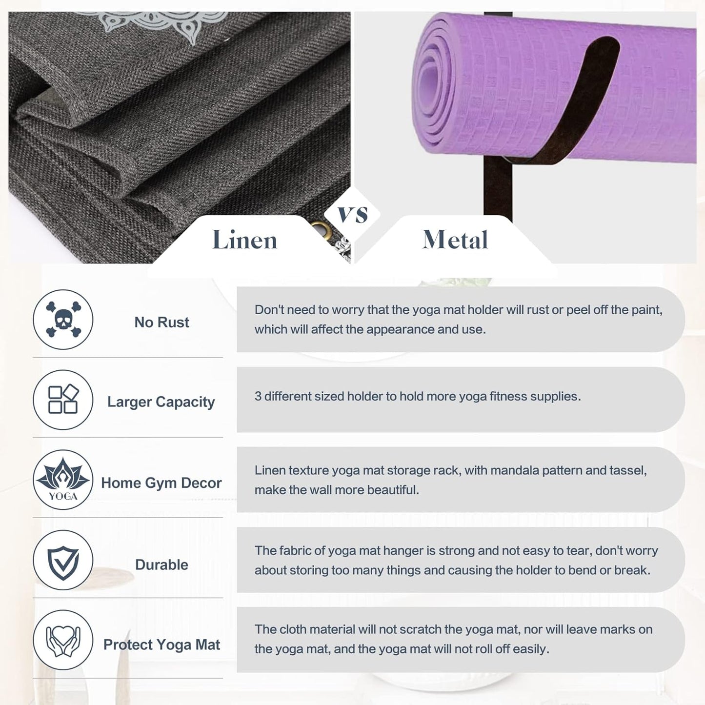 VINAEMO Yoga Mat Holder Accessories Wall Mount Organizer Storage Decor Foam Roller and Towel Storage Rack with 4 Hooks and Wooden Shelves Yoga Mats Rack Resistance Bands for Home Gym School Office