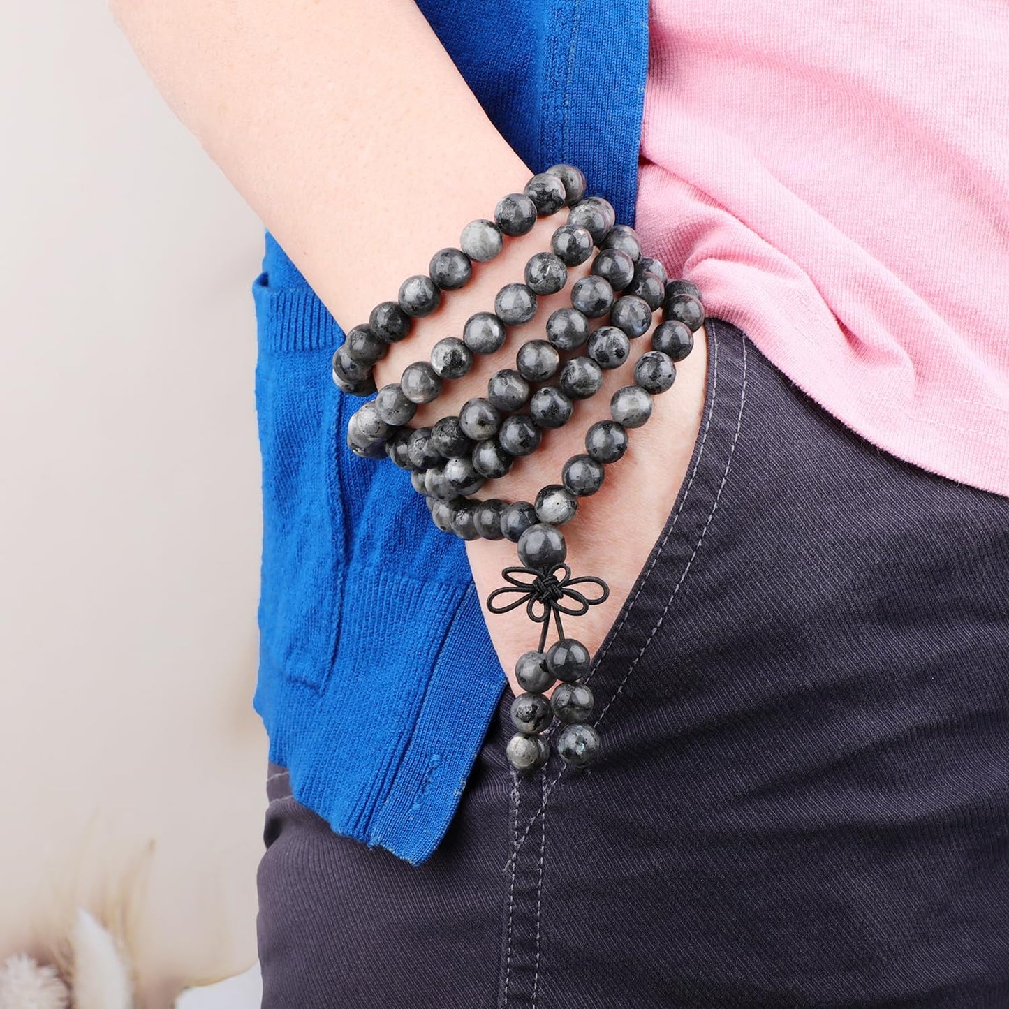 AD Beads 6mm 8mm 108 Prayer Mala Jasper Elastic Bracelet - Handmade Yoga Meditation Healing Power Energy Gifts for Unisex Adult.
