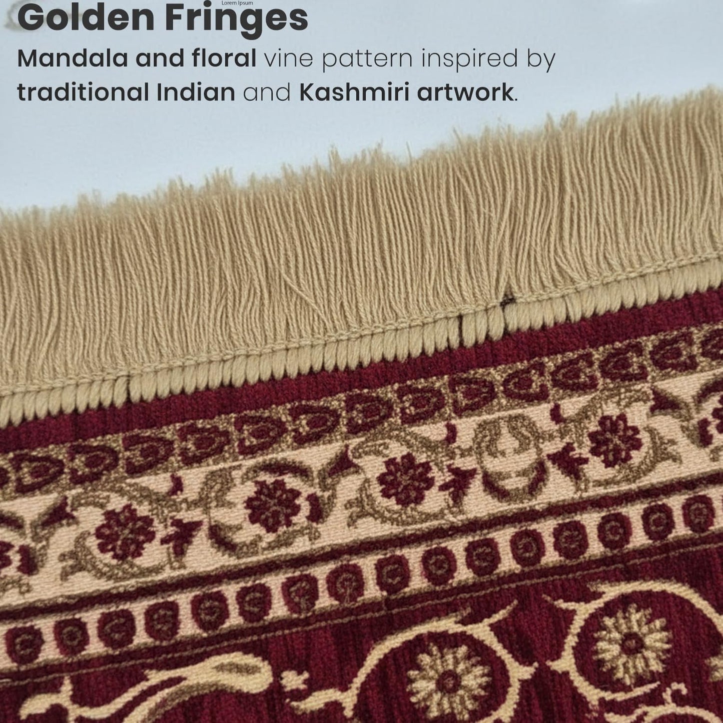 Soft Chenille Prayer Mat | Traditional Mandala Floral Pooja Aasan with Golden Fringes | Multipurpose Square Rug for Meditation, Yoga, Puja Room & Home (Red, 2x2 Feet)