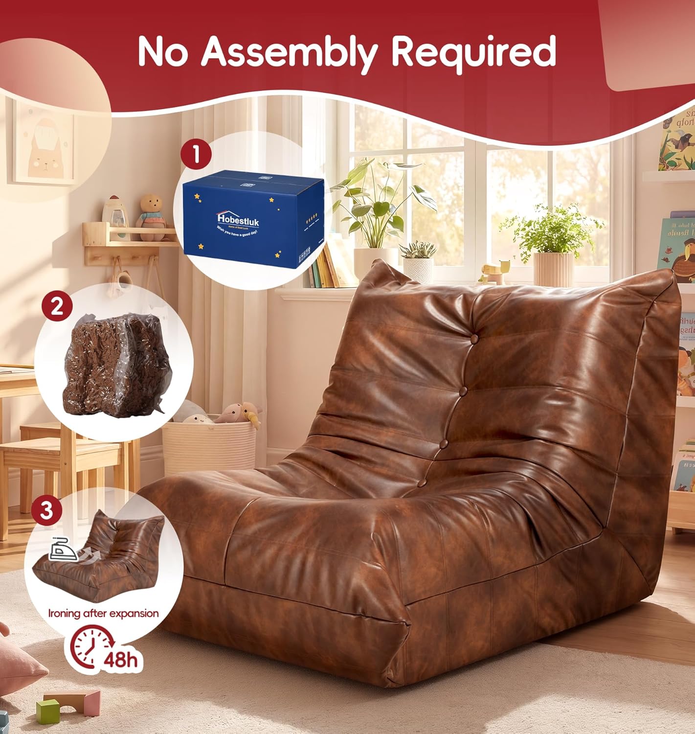 Hobestluk Giant Bean Bag Chair Lazy Floor Sofa, Memory Foam Fireside Sofa for Adults, Big Beanbag Faux Leather Armless Chair for Living Room Bedroom Dorm Office (Brown, Single)