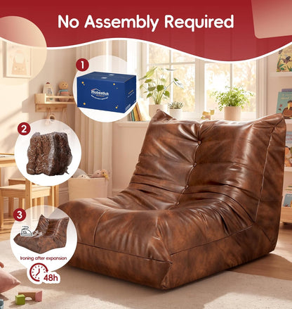 Hobestluk Giant Bean Bag Chair Lazy Floor Sofa, Memory Foam Fireside Sofa for Adults, Big Beanbag Faux Leather Armless Chair for Living Room Bedroom Dorm Office (Brown, Single)