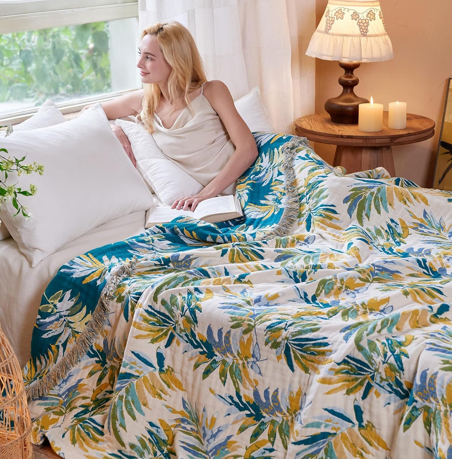 Boho Throw Blanket - 100% Cotton Soft Summer Throw Blanket for Bed, 50"x60" Reversible Breathable Lightweight Blankets, All Seasons Farmhouse Decor Floral Plant Butterfly Throw Quilt
