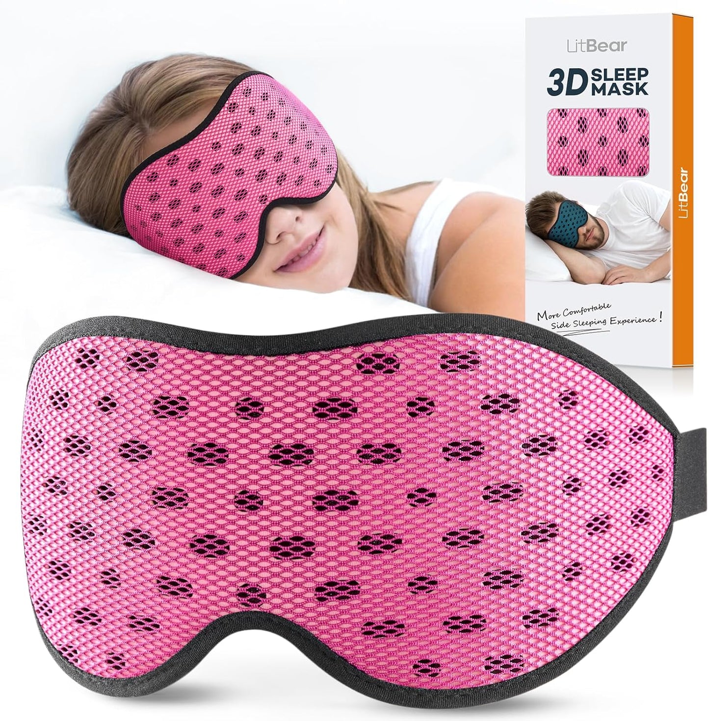 LitBear Breathable Sleep Mask, 3D Eye Mask Sleep for Side Sleepers Women Men, Light Blocking Sleeping Mask with Adjustable Strap, Soft Lightweight Eye Cover for Travel, Night Work, Nap, Office - Blue