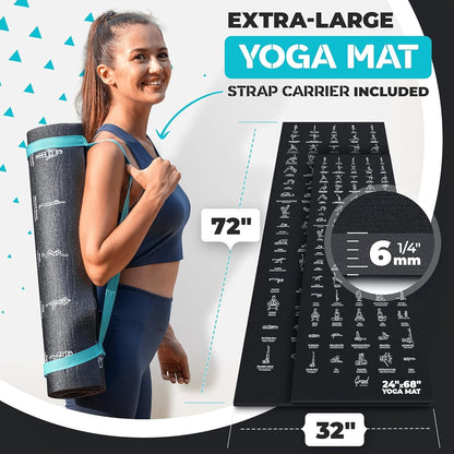 Instructional Yoga Mat with Carrying Strap: Cute Yoga Mat with 75 Illustrated Yoga Poses + 75 Easily-Followed Stretching Exercises - 1/4” Thick, Non-Toxic, Non-Slip Yoga Mats for Women and Men
