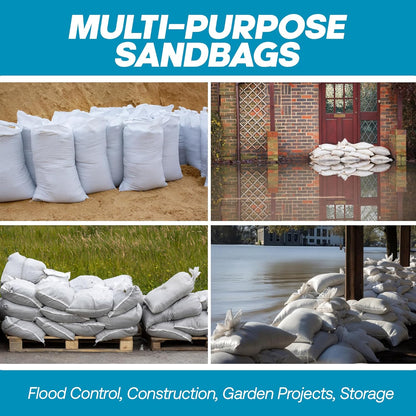 Sand Bags with Ties 14" x 26" - Sand Bags for Flooding, Woven Polypropylene Sandbags, 50 lbs Capacity, 14x26 inches, White