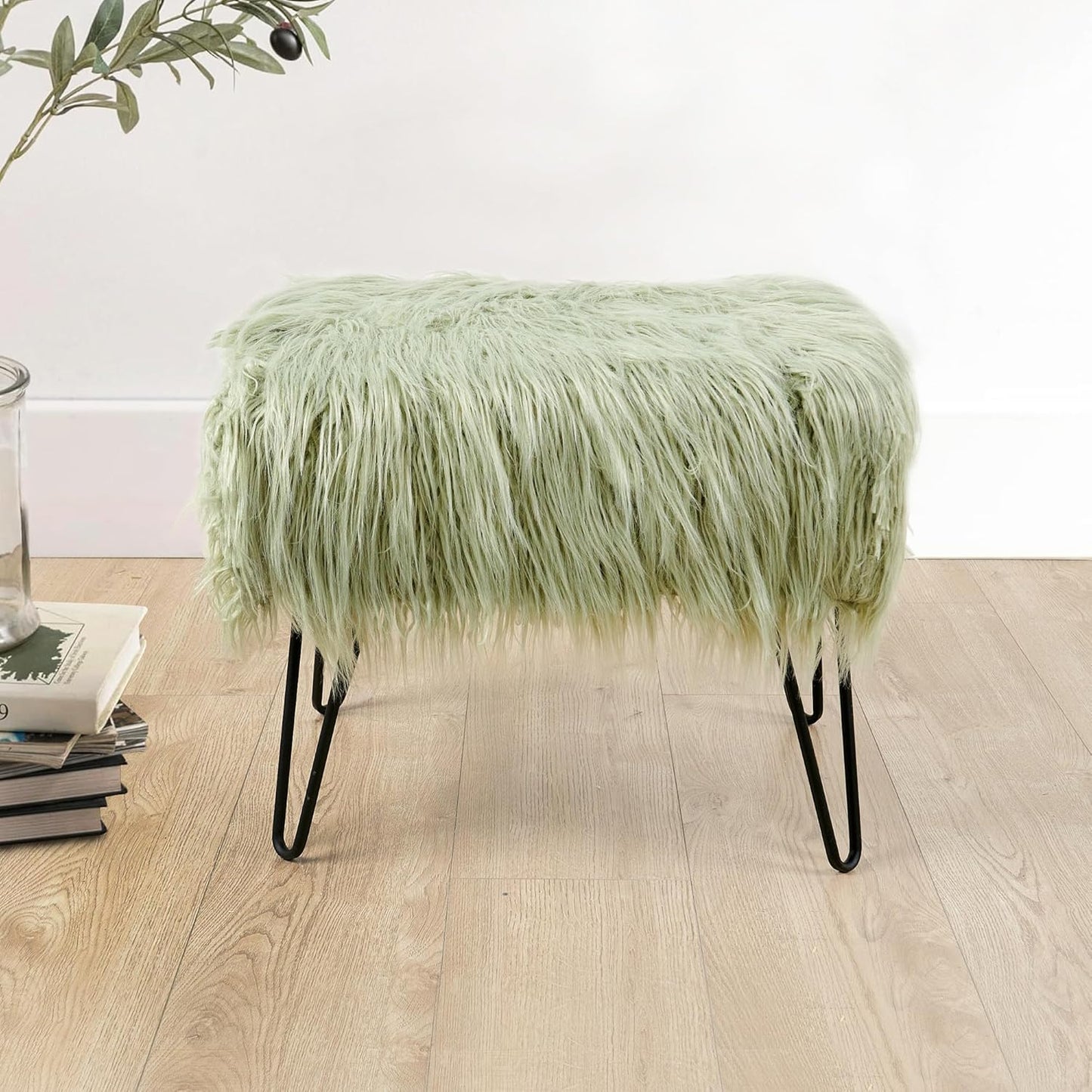 Home Soft Things Green Mongolian Faux Fur Ottoman, Desert Sage, 19'' x 13'' x 17'', Cozy Plush Fluffy Ottoman Foot Rest Stool for Living Room Bedroom Entryway Makeup Bench End of Bed Home Décor