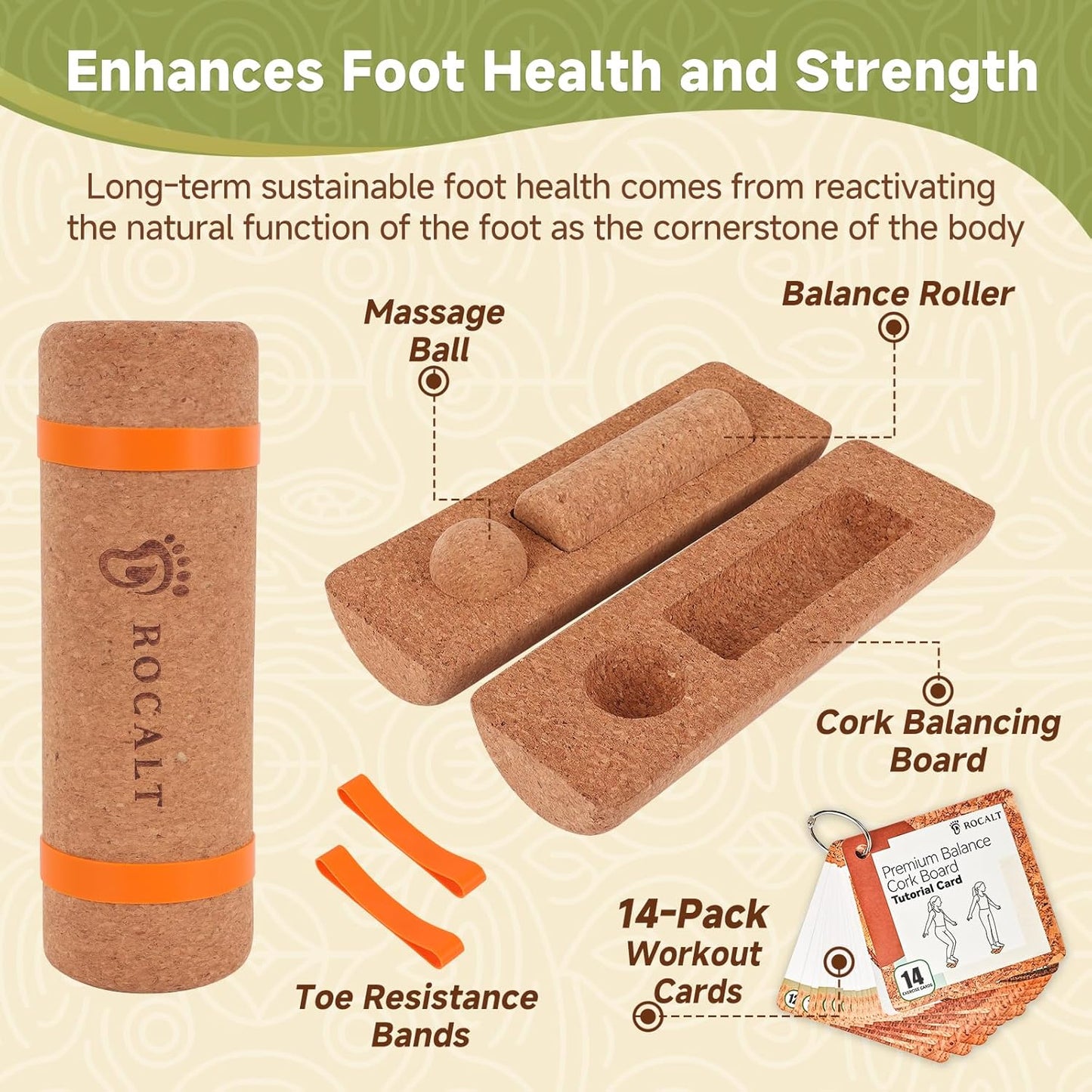 Rocalt Cork Balance Board, Premium Cork 4-in-1 Foot & Ankle Strengthener Kit, Balance Trainer with Massage Roller & Ball, Toe Resistance Bands, Storage Bag & Exercise Guide for Enhance Mobility, Improve Foot Function, Prevent Falls