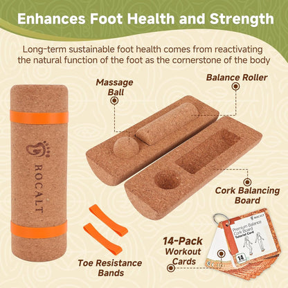 Rocalt Cork Balance Board, Premium Cork 4-in-1 Foot & Ankle Strengthener Kit, Balance Trainer with Massage Roller & Ball, Toe Resistance Bands, Storage Bag & Exercise Guide for Enhance Mobility, Improve Foot Function, Prevent Falls