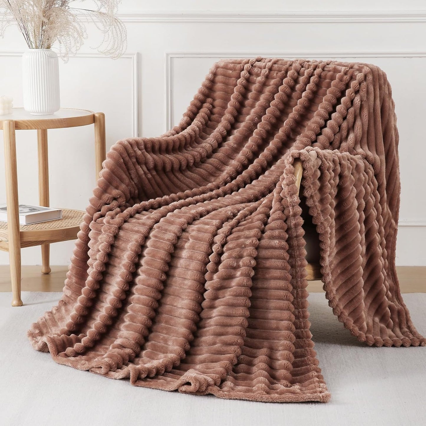 Khaki Throw Blanket for Couch Sofa 50x60 inches Striped Fleece Blankets Room Home Decor Lightweight Plush Soft Cozy Gifts for Women Mom Girls