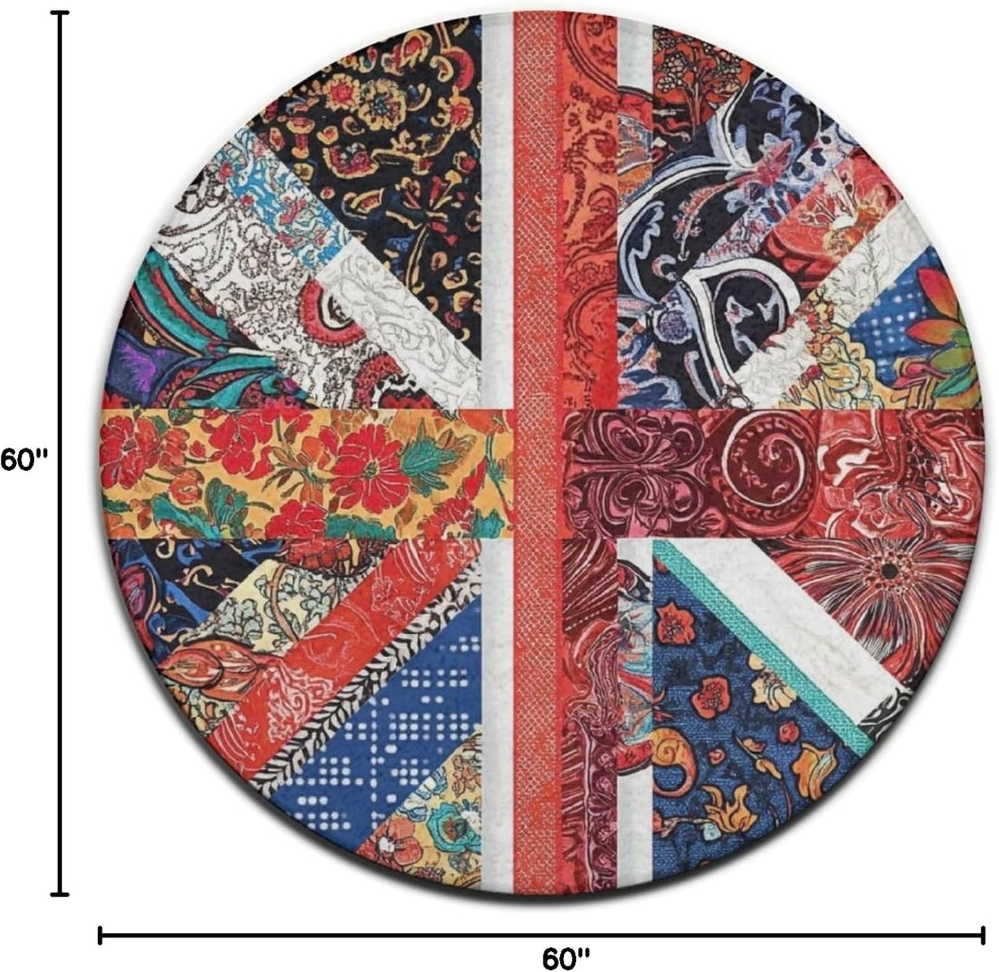 Machine Washable Modern Round Area Rug, Room Sofa Yoga Soft Round Carpet, Home Decor Non Slip Kitchen Office Circle Rug Union Jack Flag UK Mandala Art, 60inch