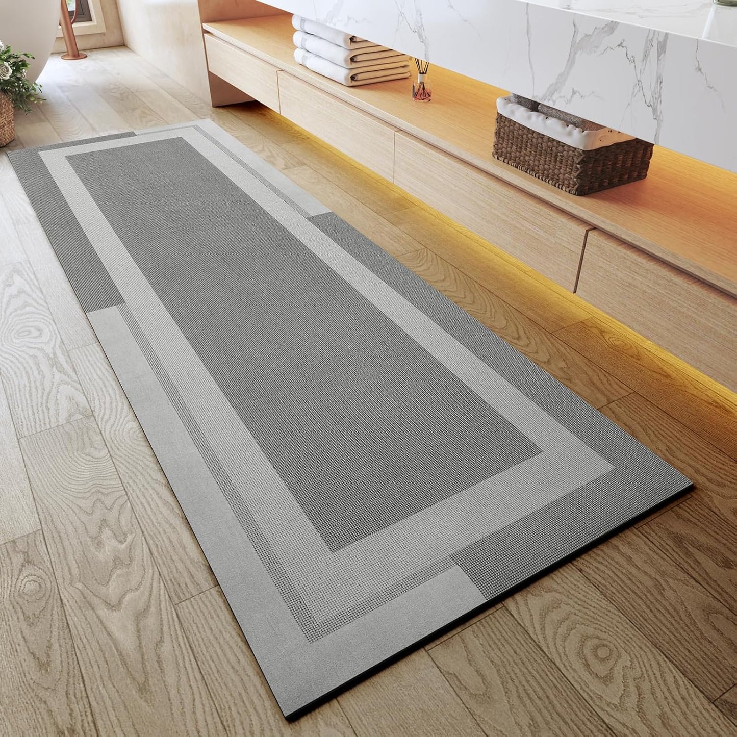 YDKGL Non Slip Long Bath Mat Bathroom Runner, Rubber Backing Ultra Thin Bathroom Rugs Fit Under Door Quick Dry Super Absorbent Washable Bath Rug Shower Mat for Bathtub Sink Floor, Dark Gray 17"x47"