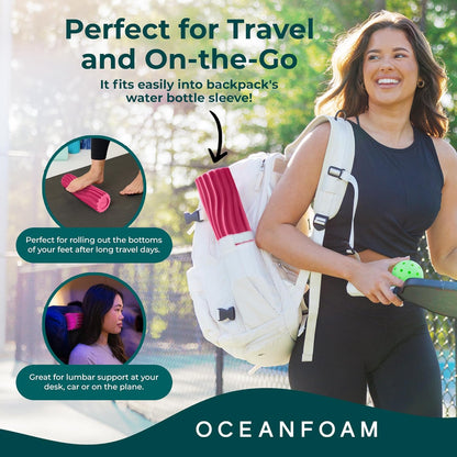 Oceanfoam Ripple Travel Foam Roller (11" x 3.35") Firm Mini Foam Roller for Physical Therapy, Deep Tissue Massage, Back Pain - High Density, Ergonomic Wave Textured - Yoga, Pilates, Exercise (Natural) - Colors A