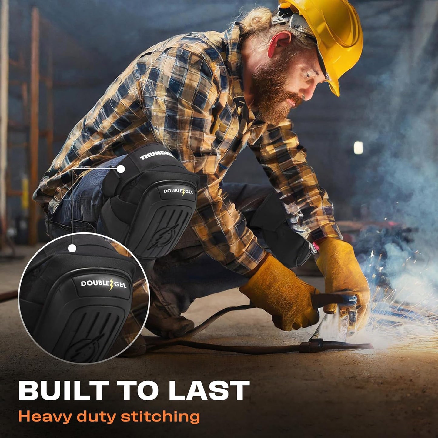 Thunderbolt Knee Pads for Men Construction Knee Pads for Work for Men and Women with Double Gel for Gardening Flooring Roofing Heavy Duty with Extra Thick Foam and Strong Adjustable Non-Slip Straps