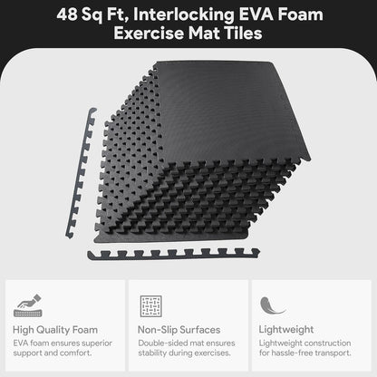BalanceFrom Puzzle Exercise Mat 1" Thick, EVA Interlocking Foam Floor Tiles for Home Gym, Mat for Home Workout Equipment, Floor Padding for Kids, Black, 24 in x 24 in x 1 in, 24 Sq Ft - 6 Tiles