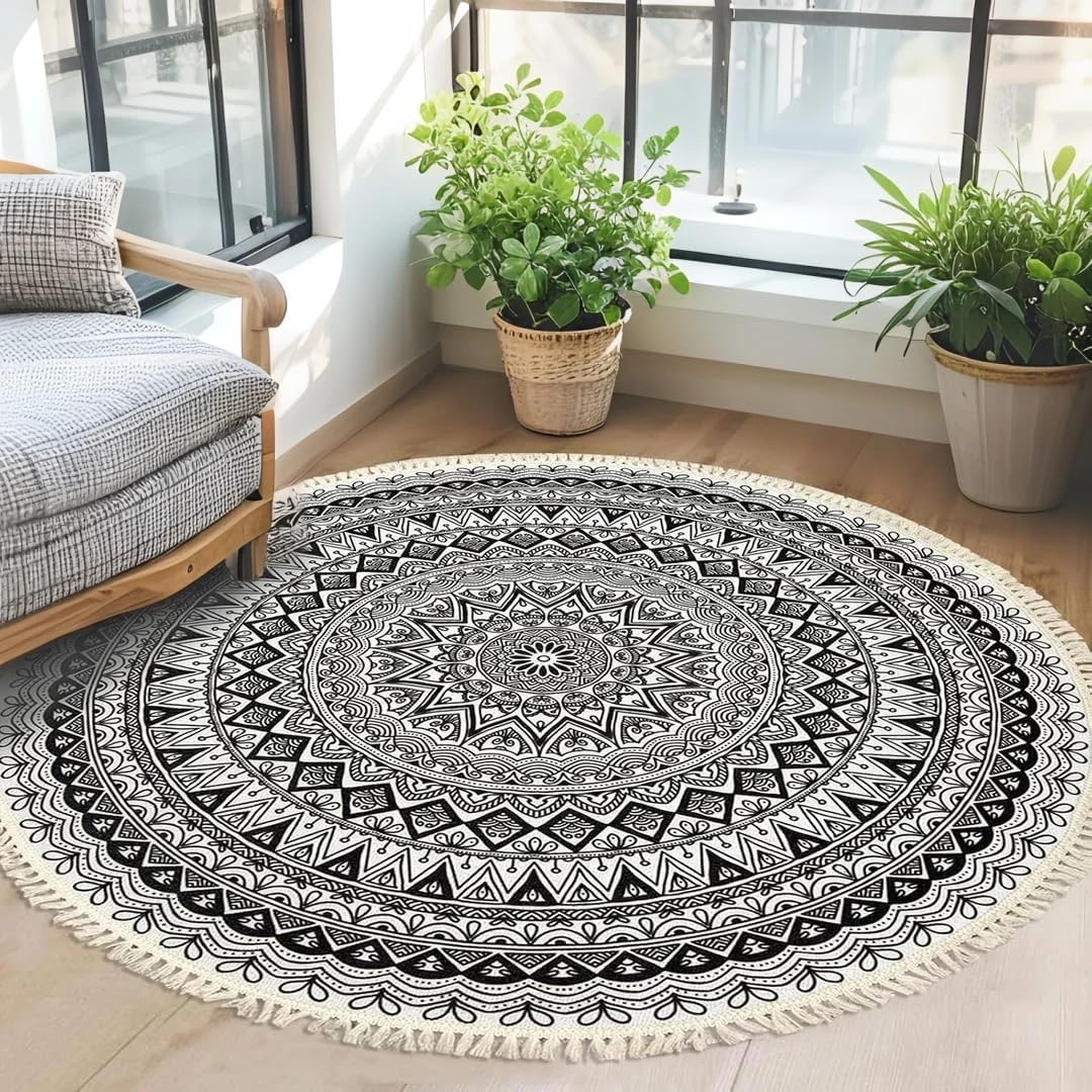 Boho Rug 5Ft Round Bedroom Carpet Circle Nonslip Farmhouse Area Rug Rustic Mandala Floor Mat for Living Room Locker Room Tassel Yoga Throw Rugs Washable Doormat, Purple