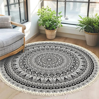 Boho Rug 5Ft Round Bedroom Carpet Circle Nonslip Farmhouse Area Rug Rustic Mandala Floor Mat for Living Room Locker Room Tassel Yoga Throw Rugs Washable Doormat, Purple