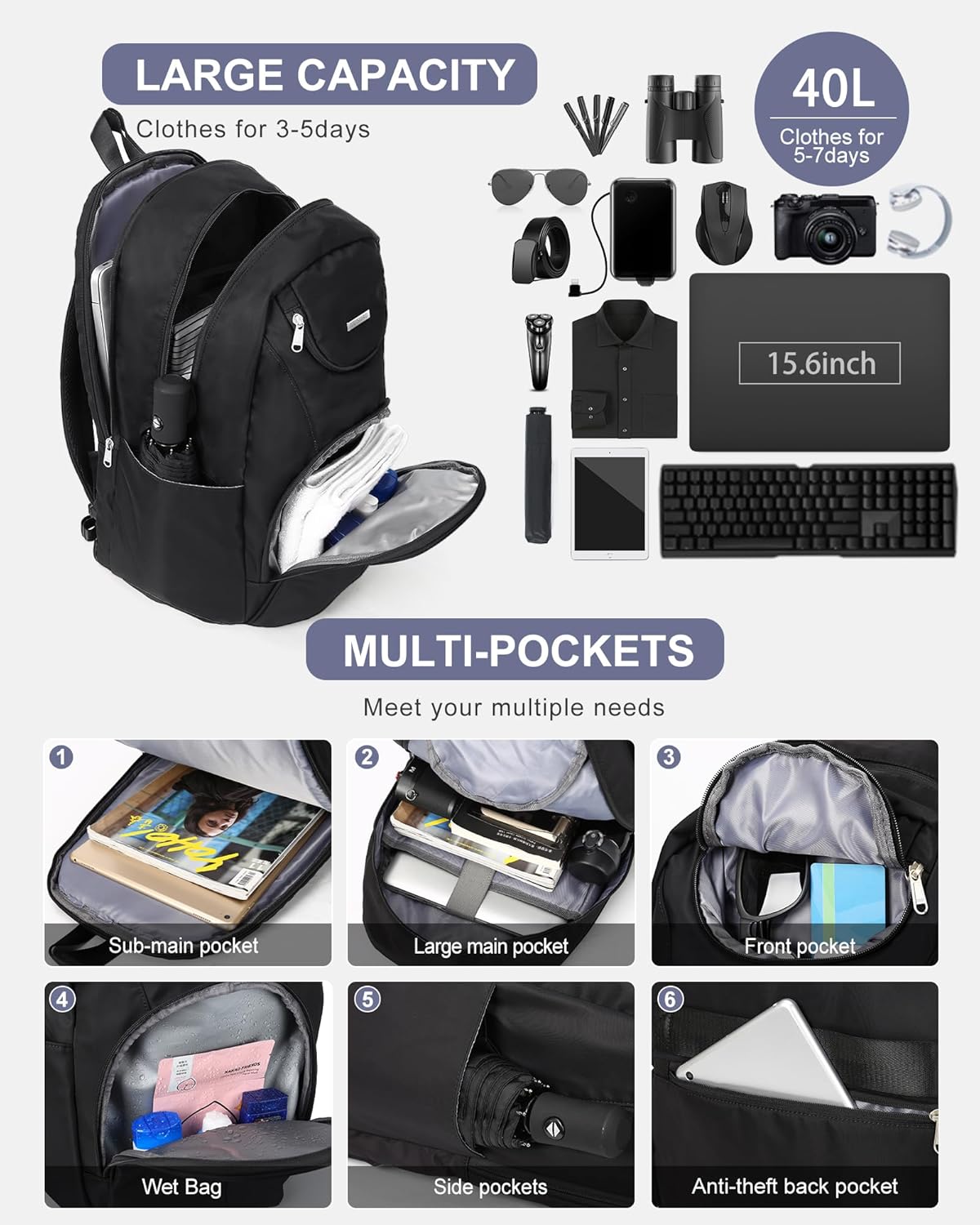 Gym Backpack for Women Men,Cheer bag,Lightweight Gym Bag with Shoe Compartment, Waterproof Sports Backpack with Wet Pocket, Black