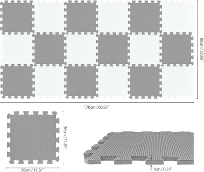 qqpp EVA Rubber 18 Tiles Interlocking Puzzle Foam Floor Mats - Baby Play Mat for Playing | Exercise Mat for Home Workout. White, Pink, Gray. QC-ACLb18N