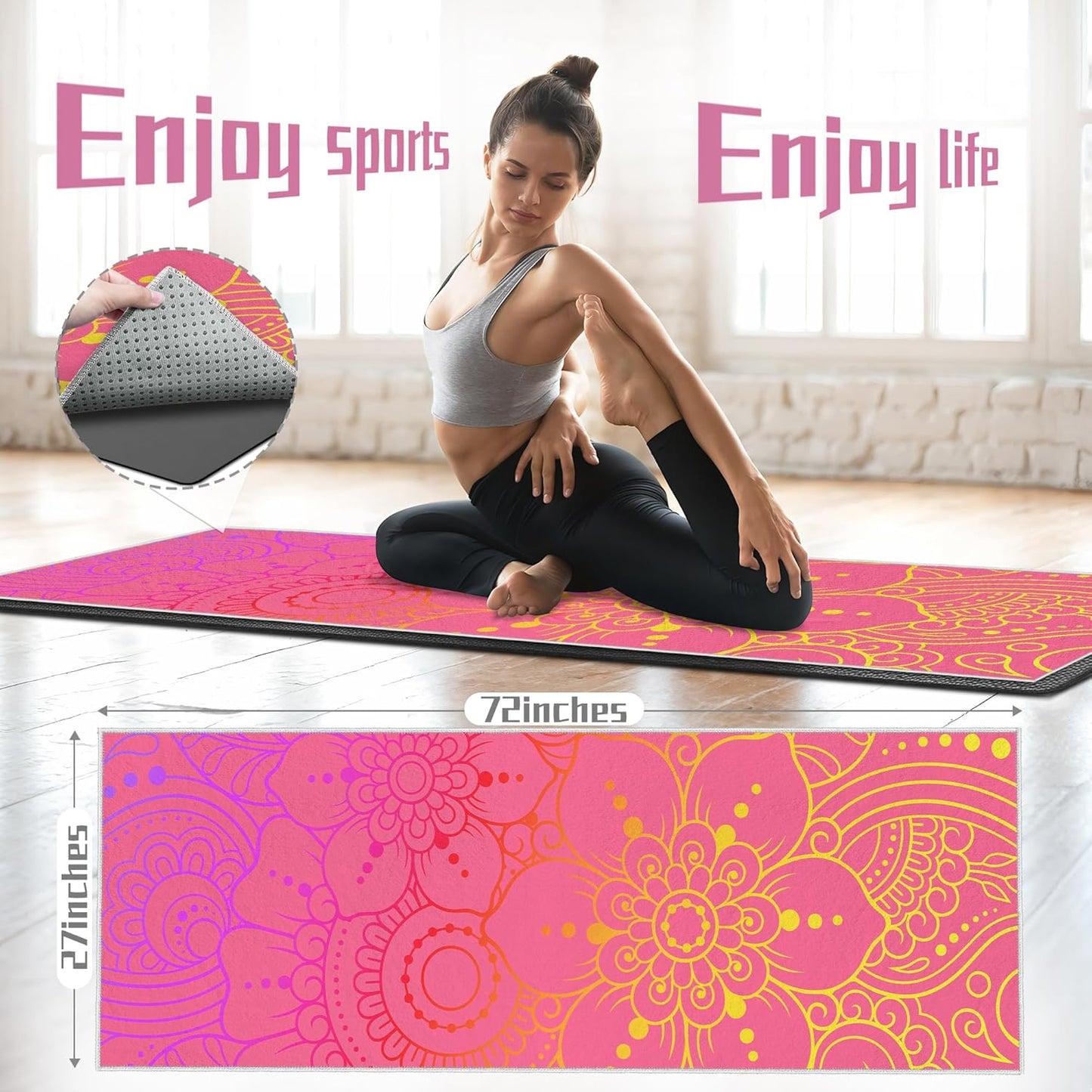 Yoga Towel,Absorbent Yoga Mat Towel for Hot Yoga Non Slip,Stylish Prints,Ideal for Workouts,Hot Yoga,Bikram,Pilates Equipment,72 x 27 in,Gradient Mandala