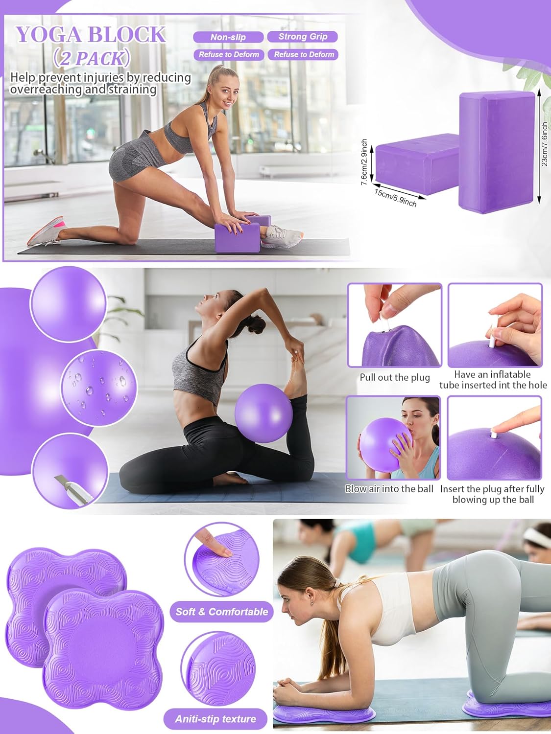 Gemscream 17 Pcs Yoga Essential Kit for Women, Pilates Equipment Starter Set for Beginners with Yoga Wheel Ball Blocks Strap Resistance Bands Wrist Rings Socks Towel & Carry Bag for Home Workouts
