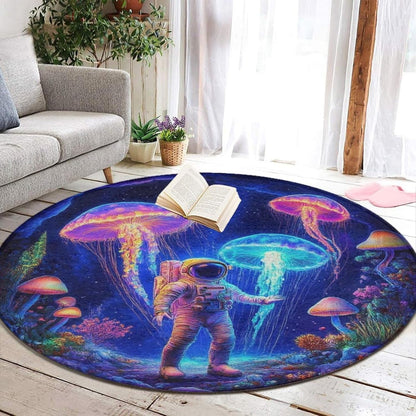 Machine Washable Modern Round Area Rug, Room Sofa Yoga Soft Round Carpet, Home Decor Non Slip Kitchen Office Circle Rug Trippy Rainbow Mushroom Tie Dye Art, 60inch