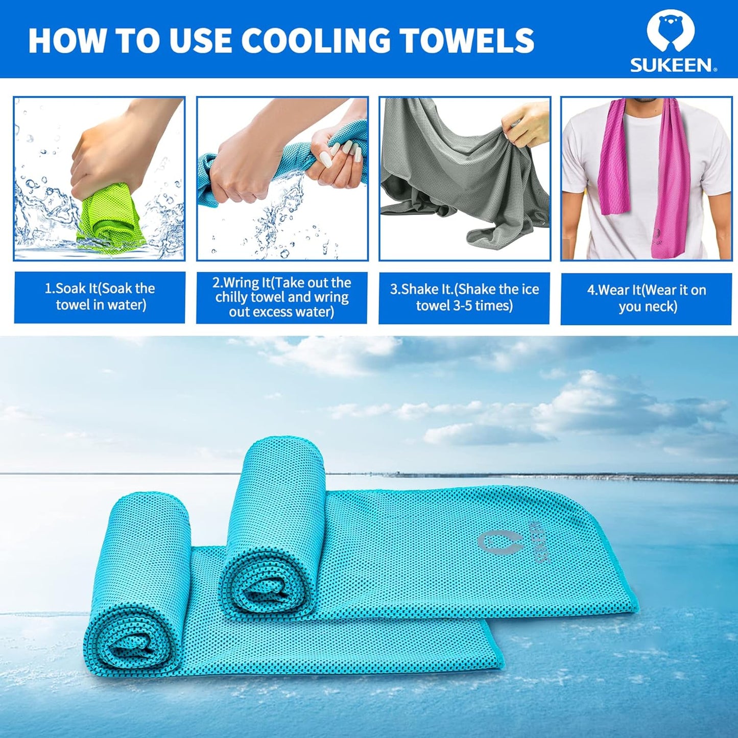 Sukeen [4 Pack Cooling Towel (40"x12"), Soft Breathable Chilly Microfiber Towel for Yoga,Sport,Running,Gym,Workout,Camping,Fitness,Workout & More Activities