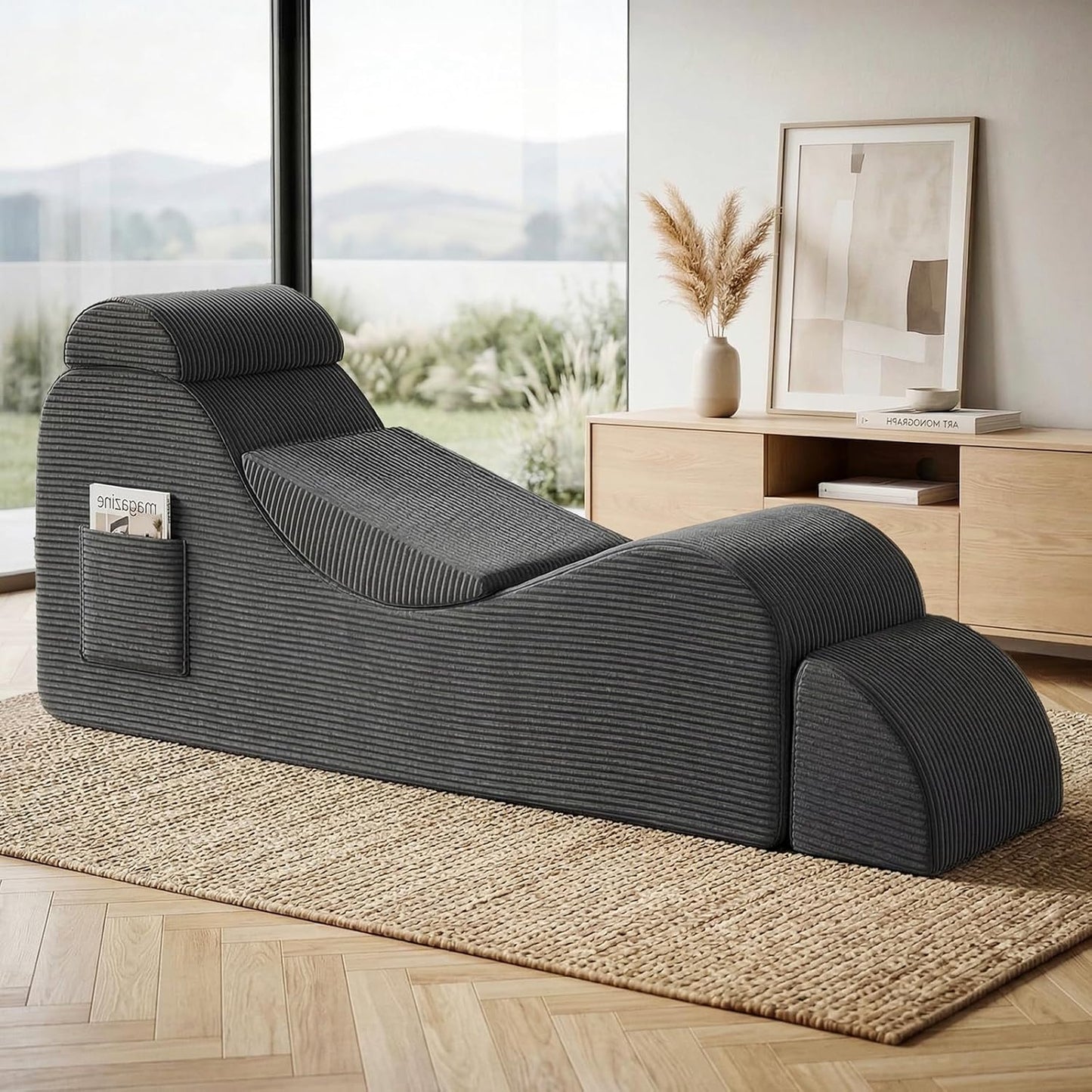 Yoga Chair Lounge for Adult, Ergonomic Foam Chaise Lounge Chair Indoor with Side Pocket, Headrest, Waist Pad, Ottoman, Perfect for Stretching, Massage, and Relaxation, No Assembly Required(Black)