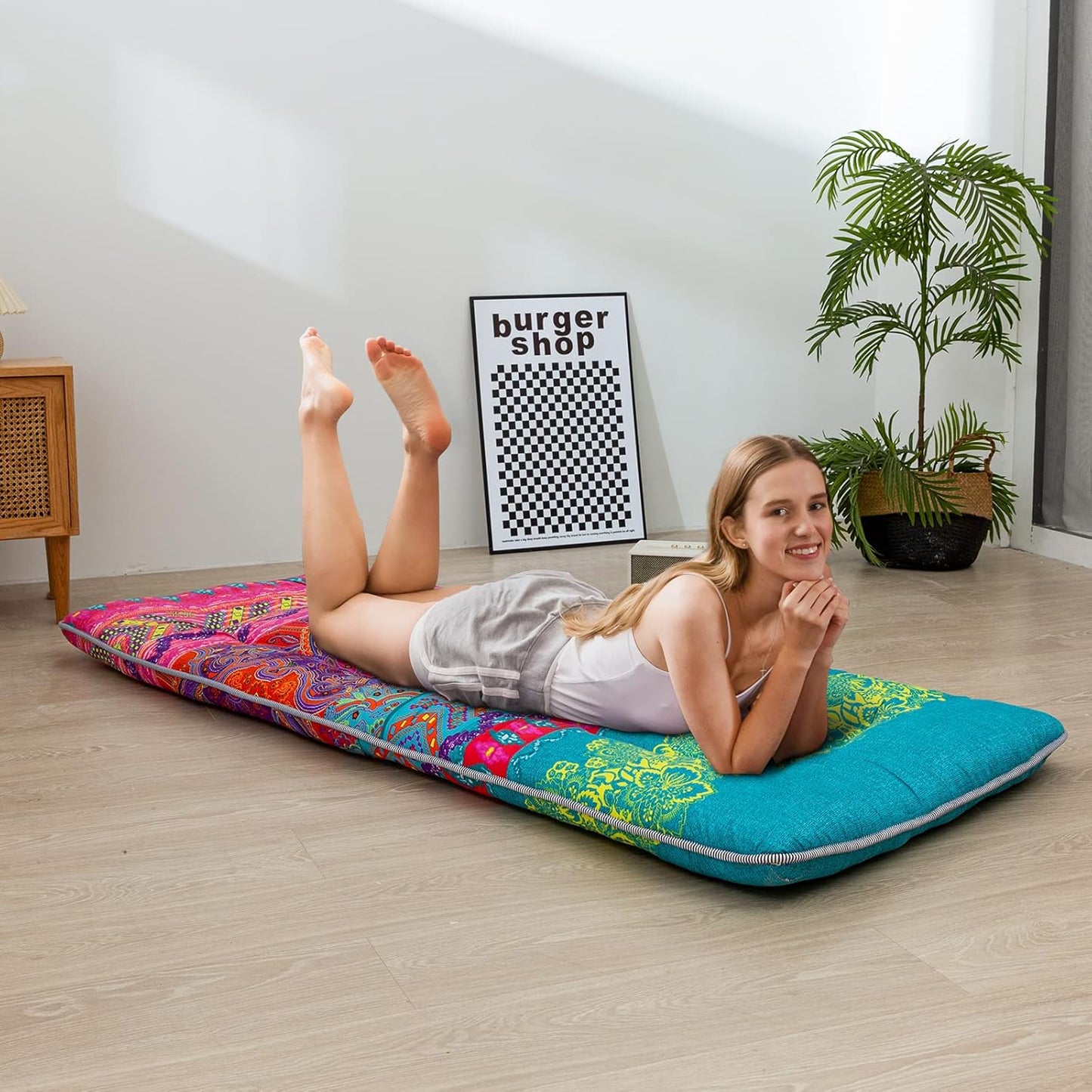 MAXYOYO Bohemian Retro Mattress Boho Floral Japanese Futon Mattress Tatami Floor Mat Foldable Portable Camping, Sleeping Pad, Lounger Couch Bed Full Size