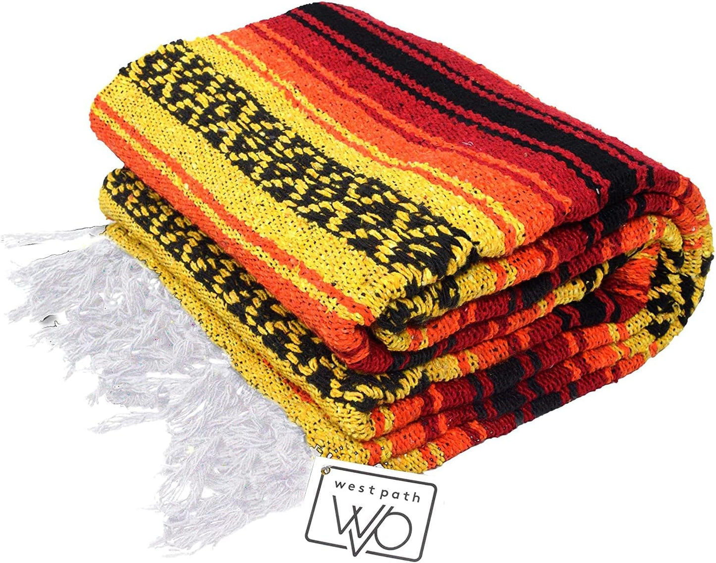 Open Road Goods Heavyweight Mexican Falsa Yoga Blanket, Extra Thick with Stripes - Great Beach, Picnic, or Throw - Handmade Sunfire Red, Orange, and Black Colors