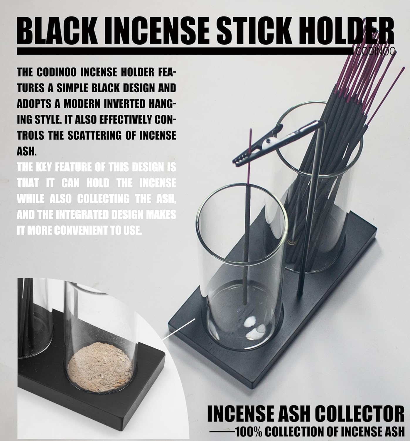 2 in 1 Incense Holder for Sticks Incense Burner Holder with Storage,Glass Upside Down Incense Holder for Sticks with Glass Ash Catcher for Meditation Yoga Spa Room Home Decor[Black]