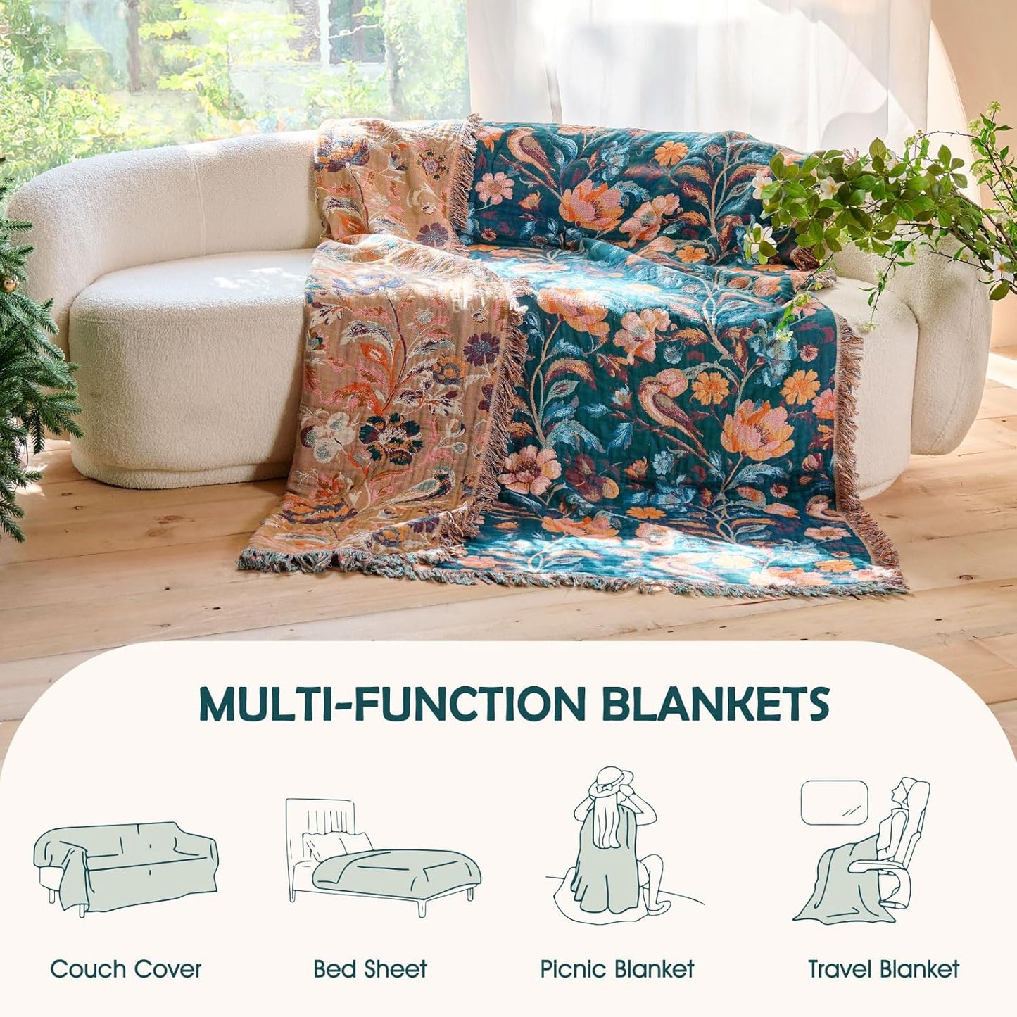 Boho Throw Blanket - 100% Cotton Soft Summer Throw Blanket for Bed, 50"x60" Reversible Breathable Lightweight Blankets, All Seasons Farmhouse Decor Floral Plant Butterfly Throw Quilt