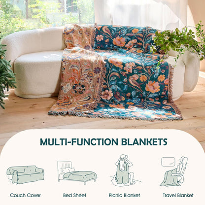 Boho Throw Blanket - 100% Cotton Soft Summer Throw Blanket for Bed, 50"x60" Reversible Breathable Lightweight Blankets, All Seasons Farmhouse Decor Floral Plant Butterfly Throw Quilt