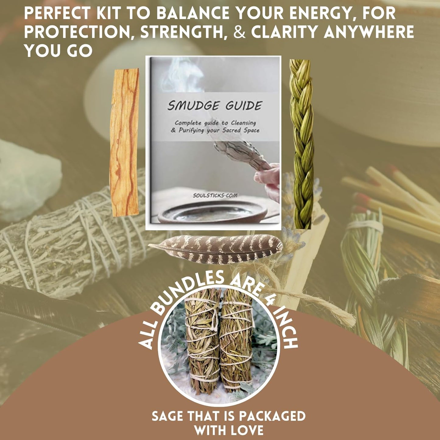 Ancient VEDA Organic Smudge Kit – Yerba Santa, Palo Santo, Sweetgrass Braid, Feather & Smudge Guide | Home Cleansing Kit for Meditation, Yoga, Energy Healing & Gift (Starter Kit, Yerba Santa Sage)