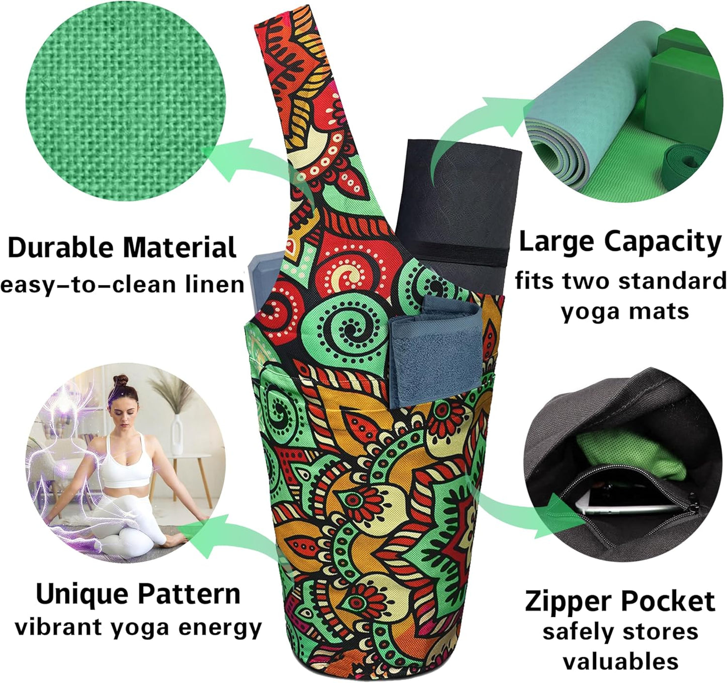 Yoga Mat Bag Carrier for Women with Side Large Pocket Durable Linen Workout Gym Travel Storage Pilates Mats