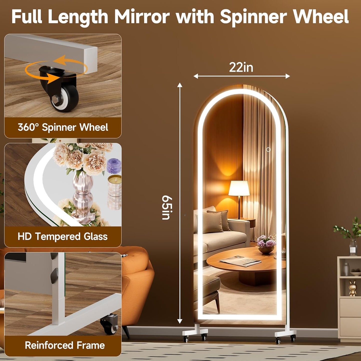 Hasipu 71" x 28" Arched Rolling Home Gym Mirror with Wheels, 360° Swivel Body Mirror with HD Tempered Glass, Large Floor Mirror for Yoga Room, Dance Studio, Bedroom & Home Gym