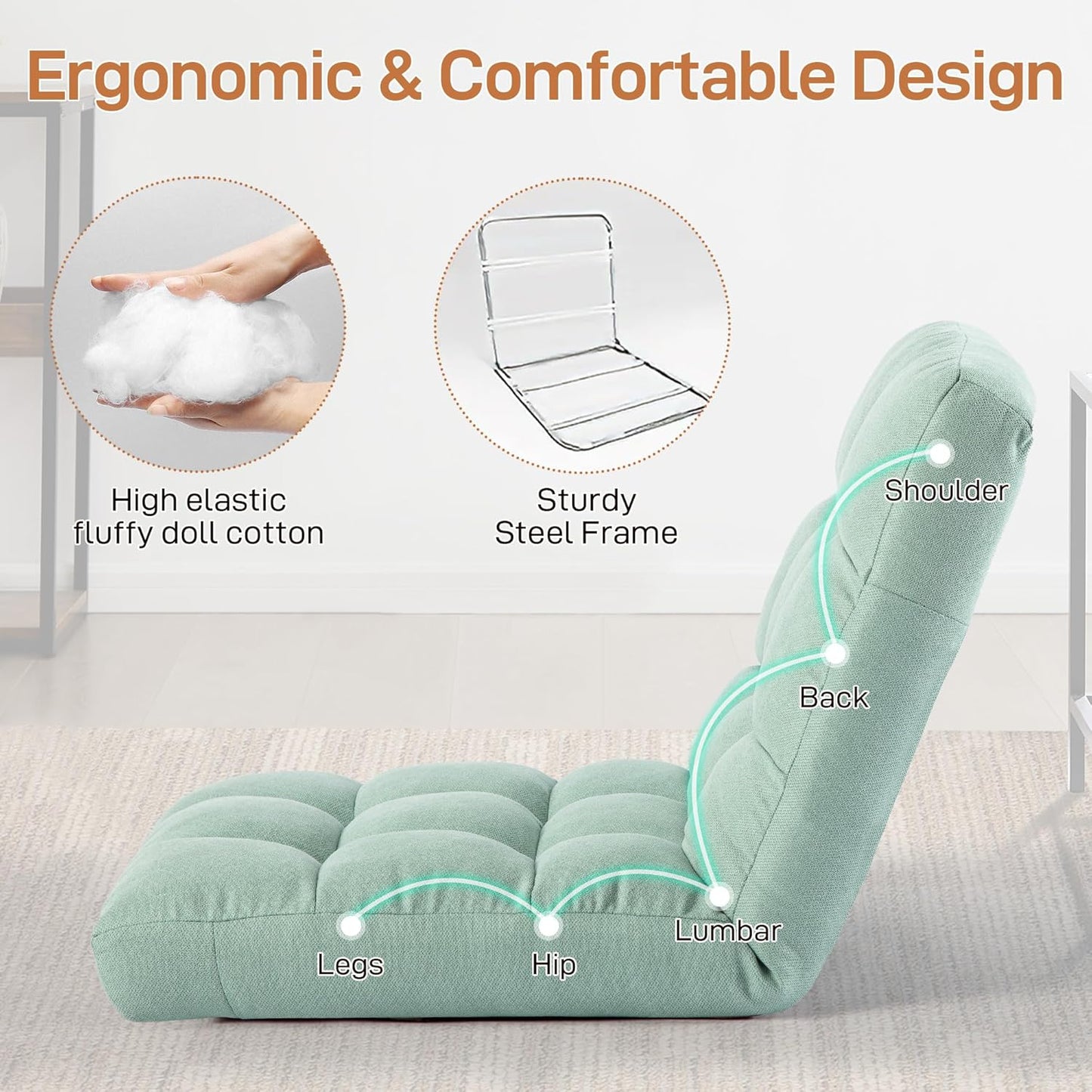 Floor Chair with Back Support Folding Chair with 6 Adjustable Position, Padded Sleeper Bed, Floor Gaming Chair, Meditation Chair for Adults