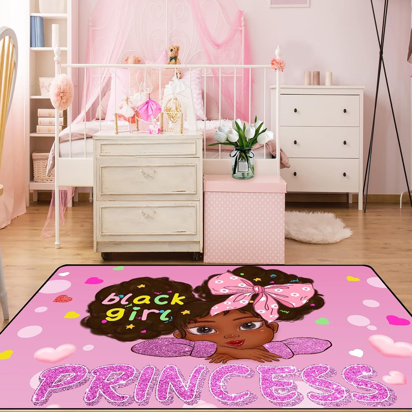 Black Girl Area Rug for Bedroom African American Rugs for Room Princess Carpet Kids Rugs for Bedroom African Girls Carpet for Living Room Teen Girls Yoga Mats, Pink, 4'×5'
