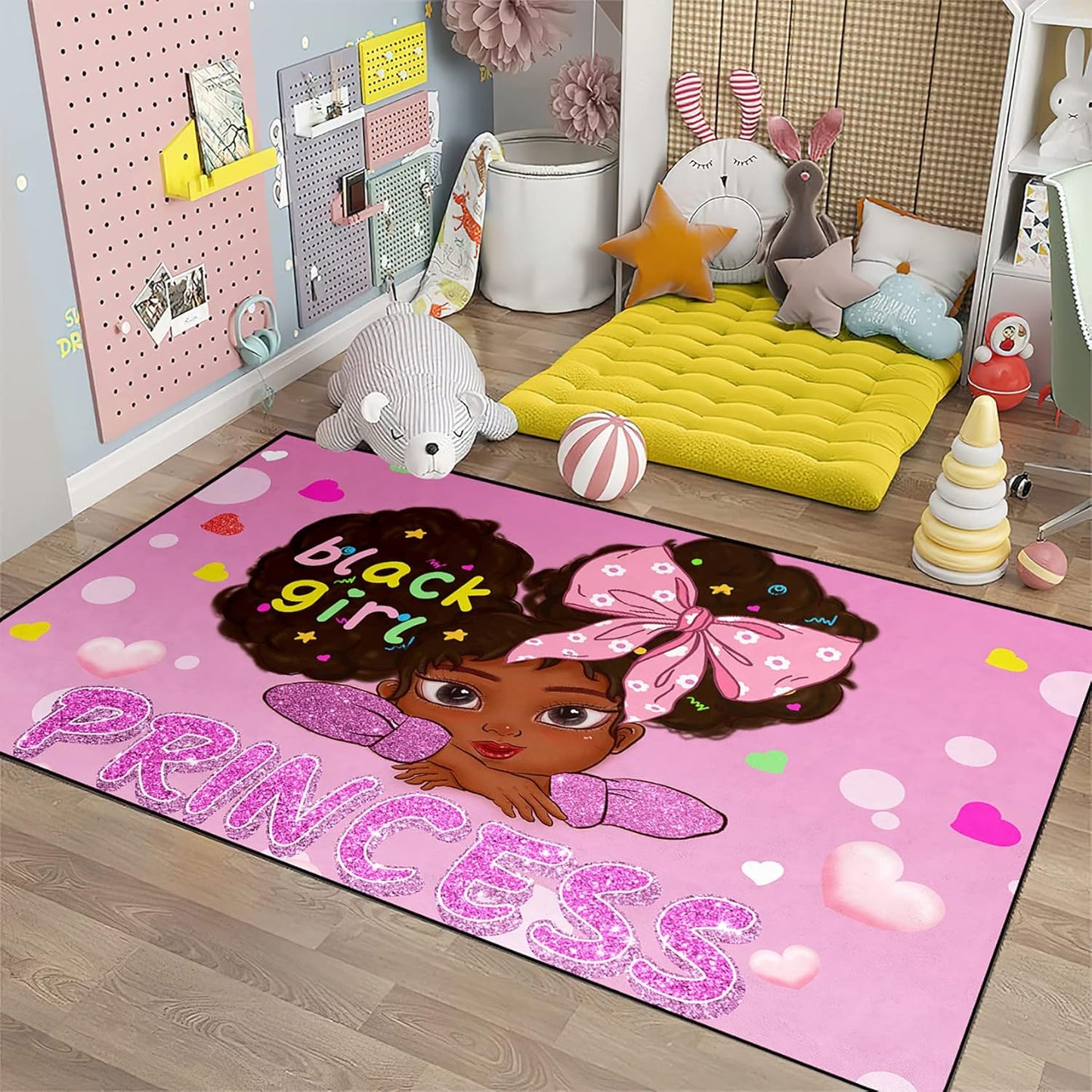 Black Girl Area Rug for Bedroom African American Rugs for Room Princess Carpet Kids Rugs for Bedroom African Girls Carpet for Living Room Teen Girls Yoga Mats, Pink, 4'×5'