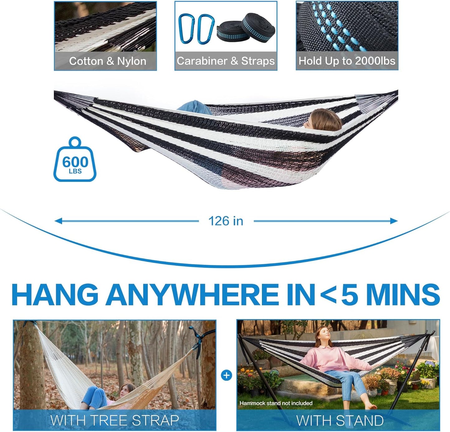 PNAEUT Handwoven Mayan Hammocks, Double Rope Hammock for Outdoor Outside & Indoor, Thick Soft 600 lbs Capacity Heavy-Duty, Includes Tree Straps, Carabiners & Carrying Bag (Nature, X-Large)